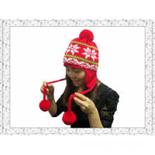 Chapeau de bonnet tricoté d&#39;hiver de caractère chinois avec boules de pompon pour filles (1-3505)